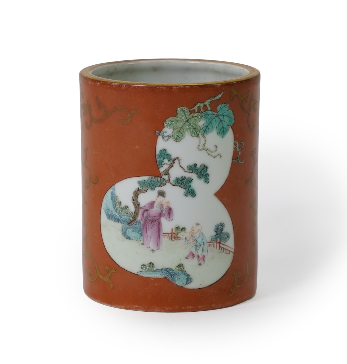 A Chinese coral ground brushpot, 19th century